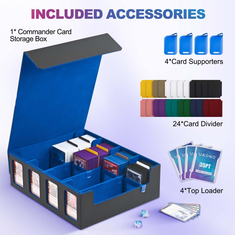 UAONO Trading Card Storage Box with Commander Display; 2400+ Deck Box for MTG with Removable Cover; Toploader Card Case fits Magic TCG PTCG Sports Cards; 24 Dividers  4 Stoppers (Black  Blue) - Image 3